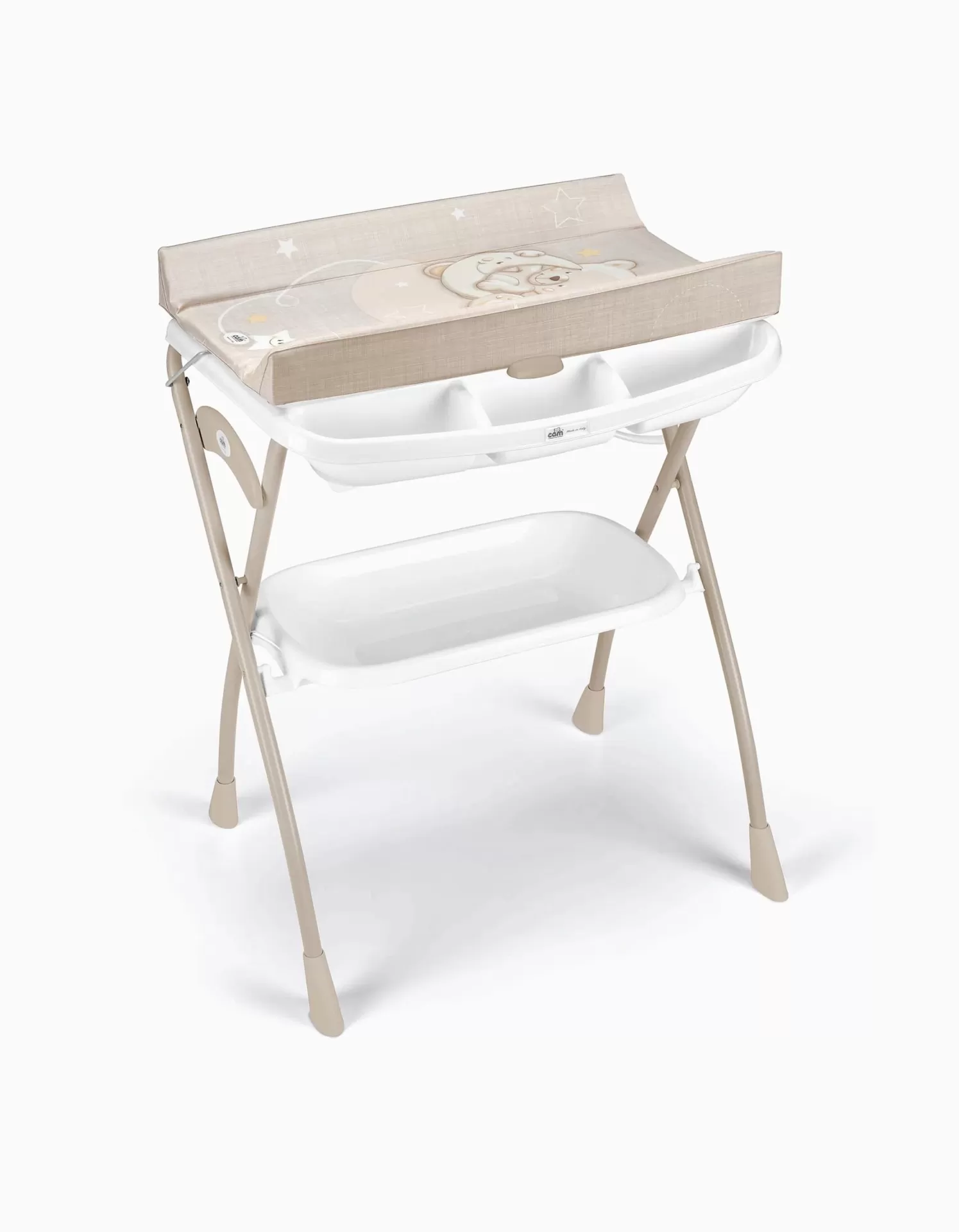 Mesa de muda para bebé bege com almofada e bandejas brancas