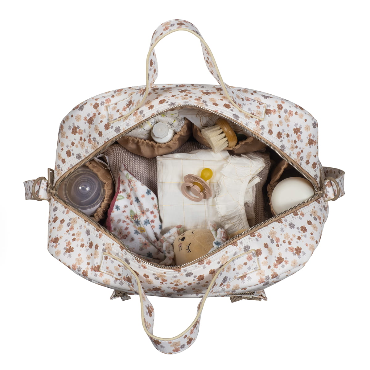 Mala de bebé bege floral com fralda, chupeta, biberão e brinquedo de tecido