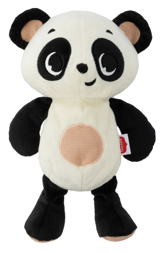 Pelúcia de panda branco e preto com barriga bege texturada e etiqueta Tiny Love