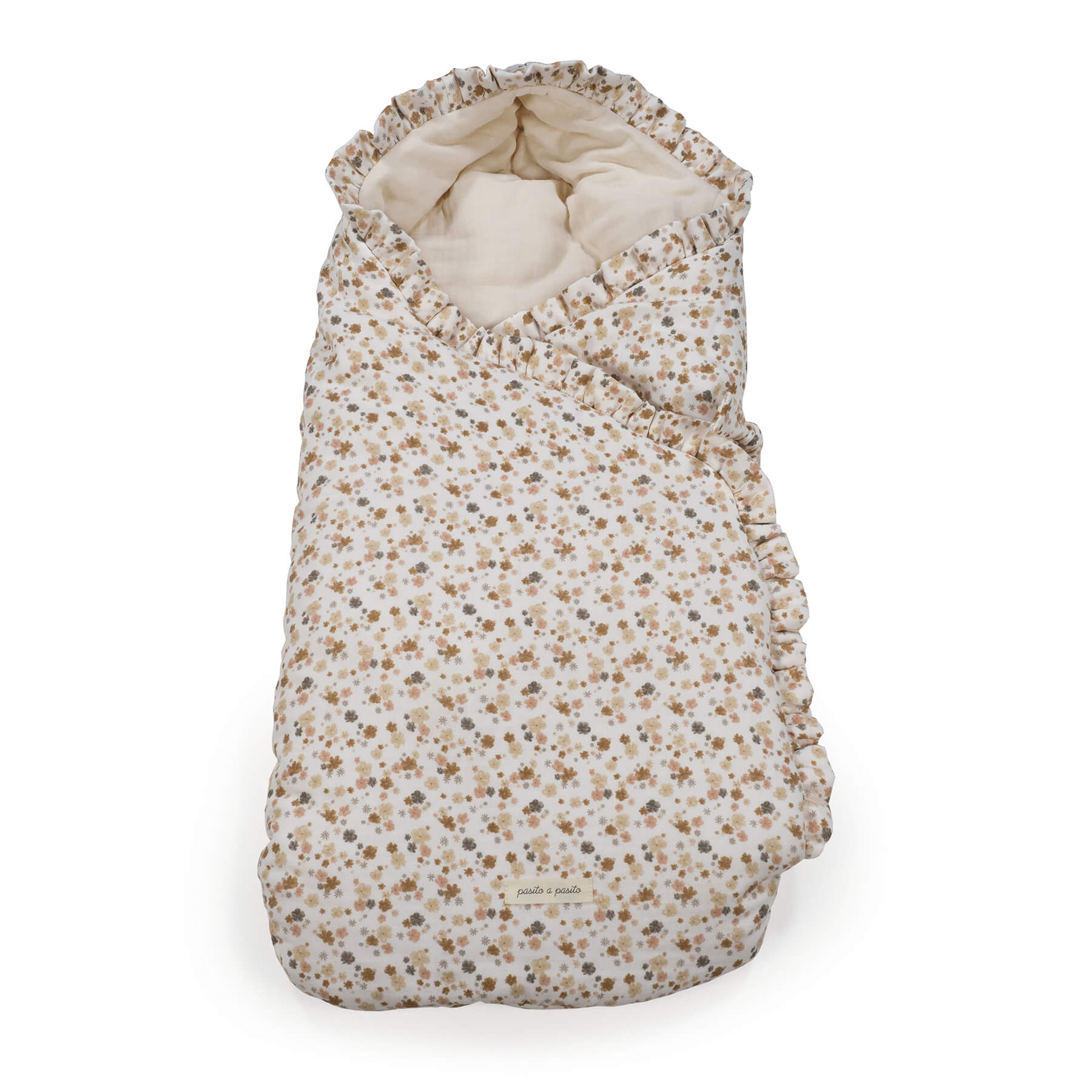 Saco de bebé com padrão floral e babados, interior creme acolchoado