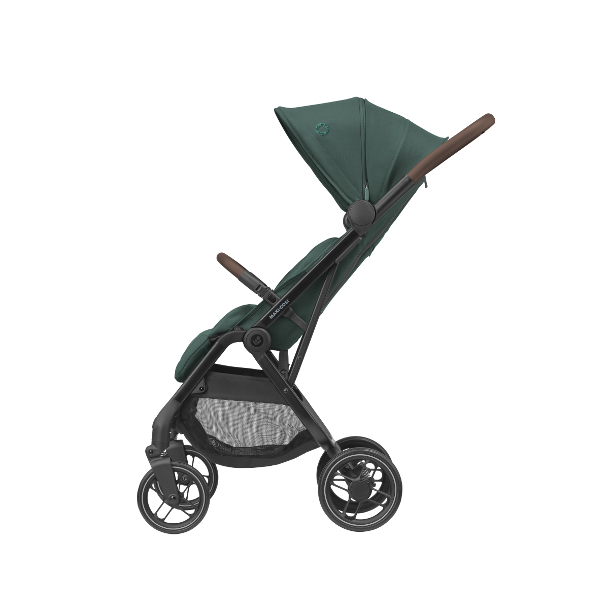Carrinho de bebé verde escuro com estrutura preta e pegas castanhas