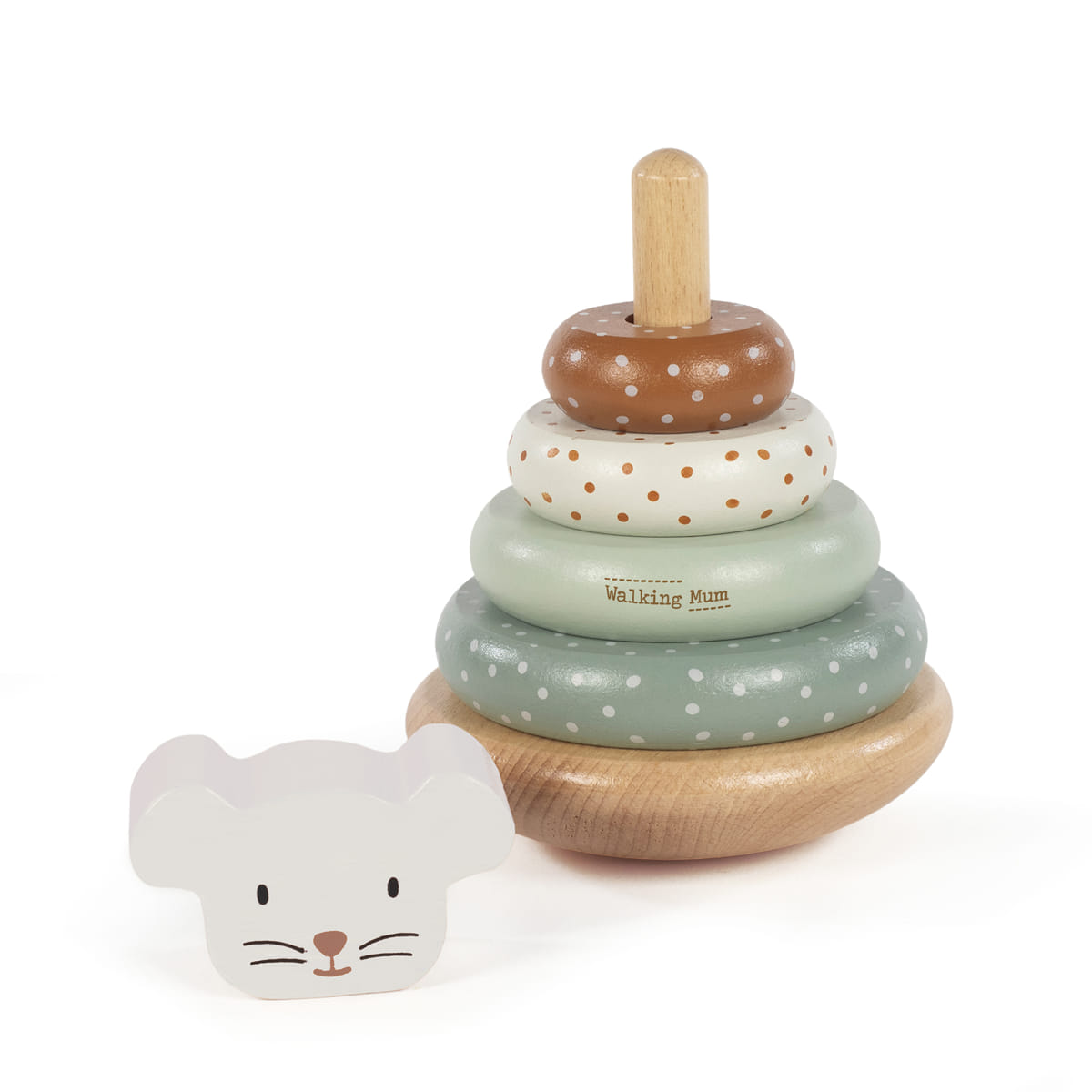 Brinquedo empilhável de madeira com anéis coloridos e rosto de rato