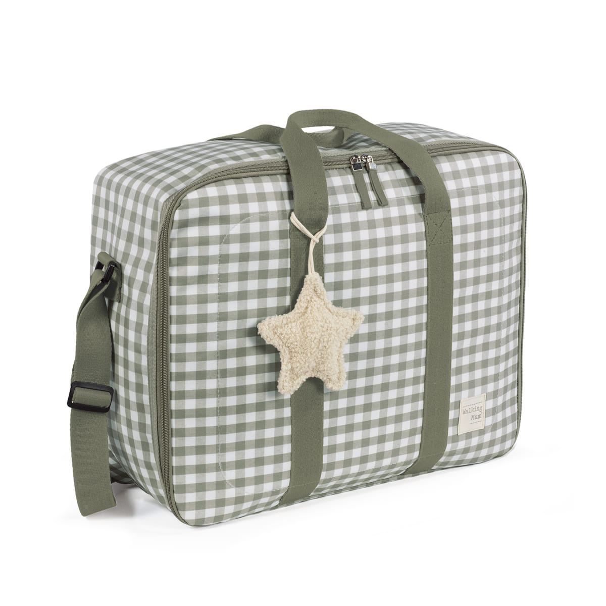 Mala quadrada com padrão risca de giz cinza esverdeado e branco e pendente estrela