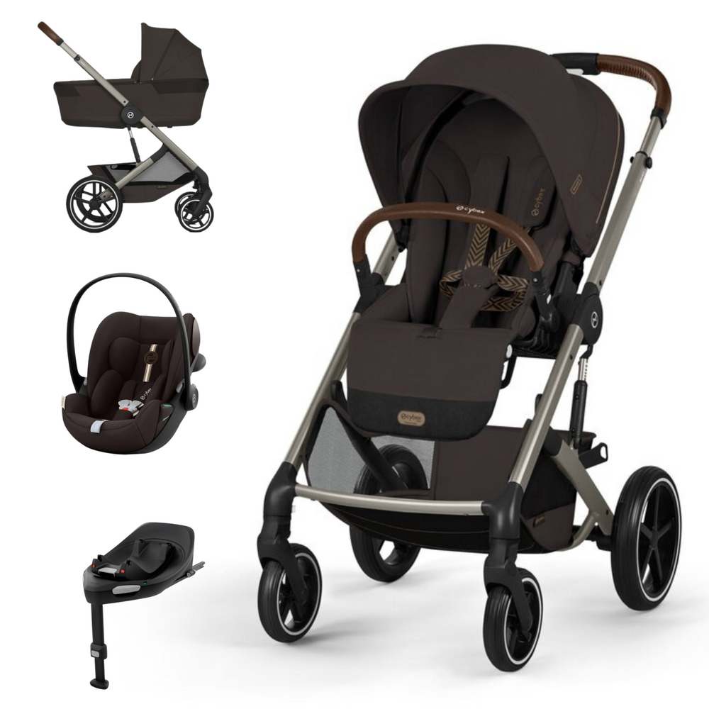 Conjunto de carrinho de bebé Cybex castanho com alcofa, assento de carro e base