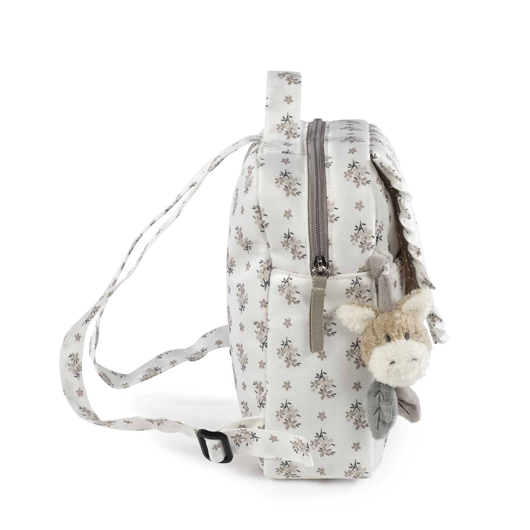 Mochila branca pequena com padrão floral e pendente de peluche