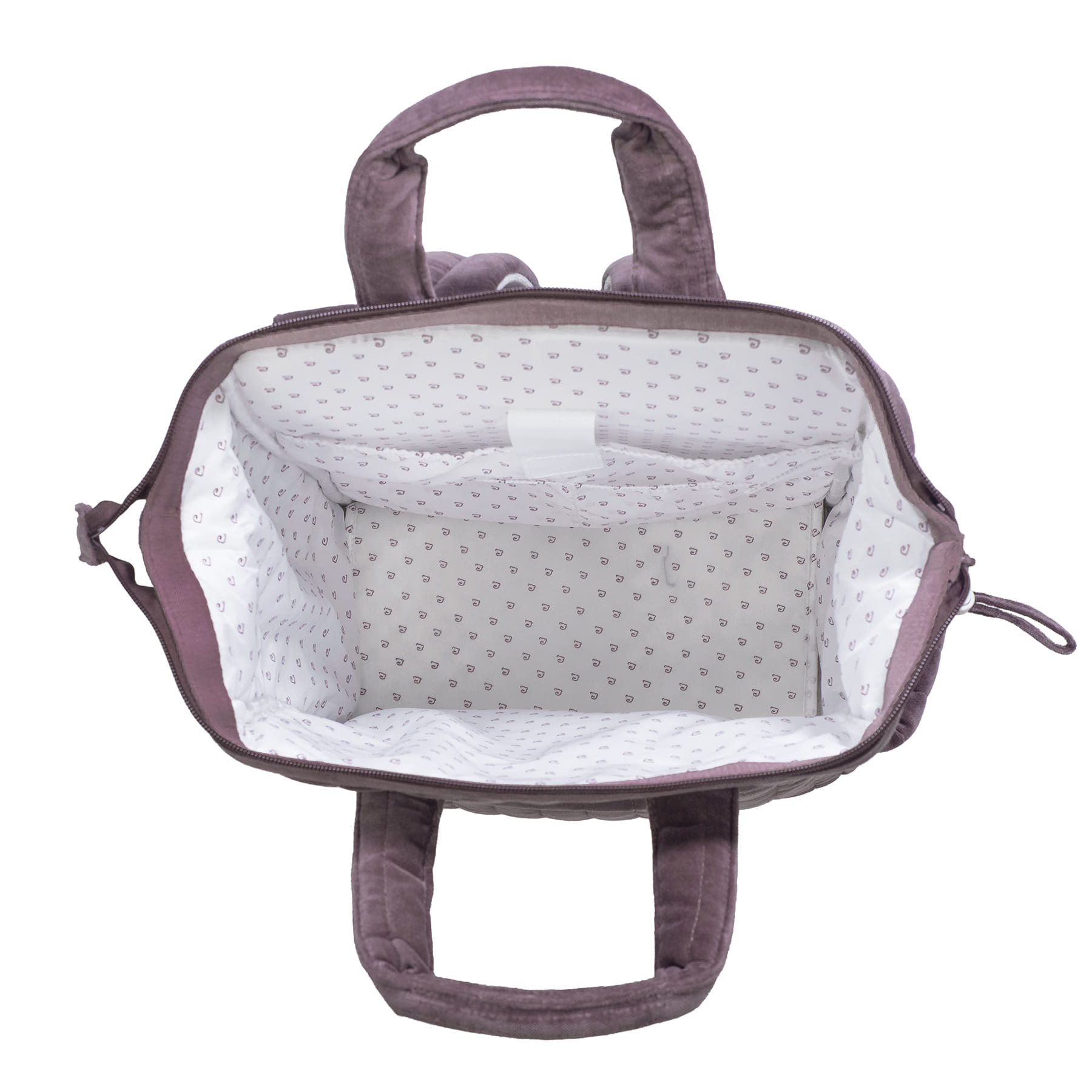 Mala de mão roxa com interior forrado branco com padrão e alças acolchoadas