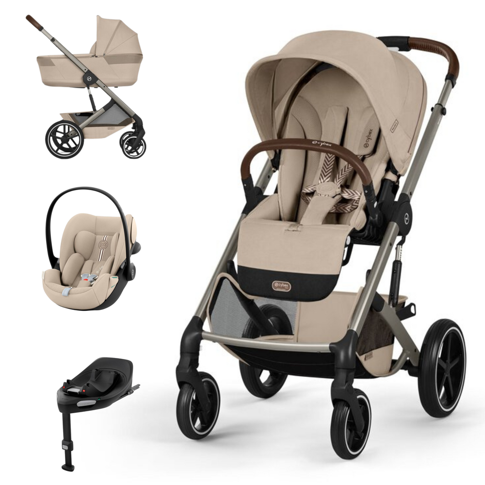 Conjunto de carrinho de bebé Cybex bege com ovo e base ISOFIX preta