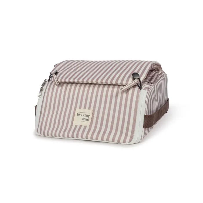 Bolsa riscada rosa claro e branco com etiqueta Walking Mum