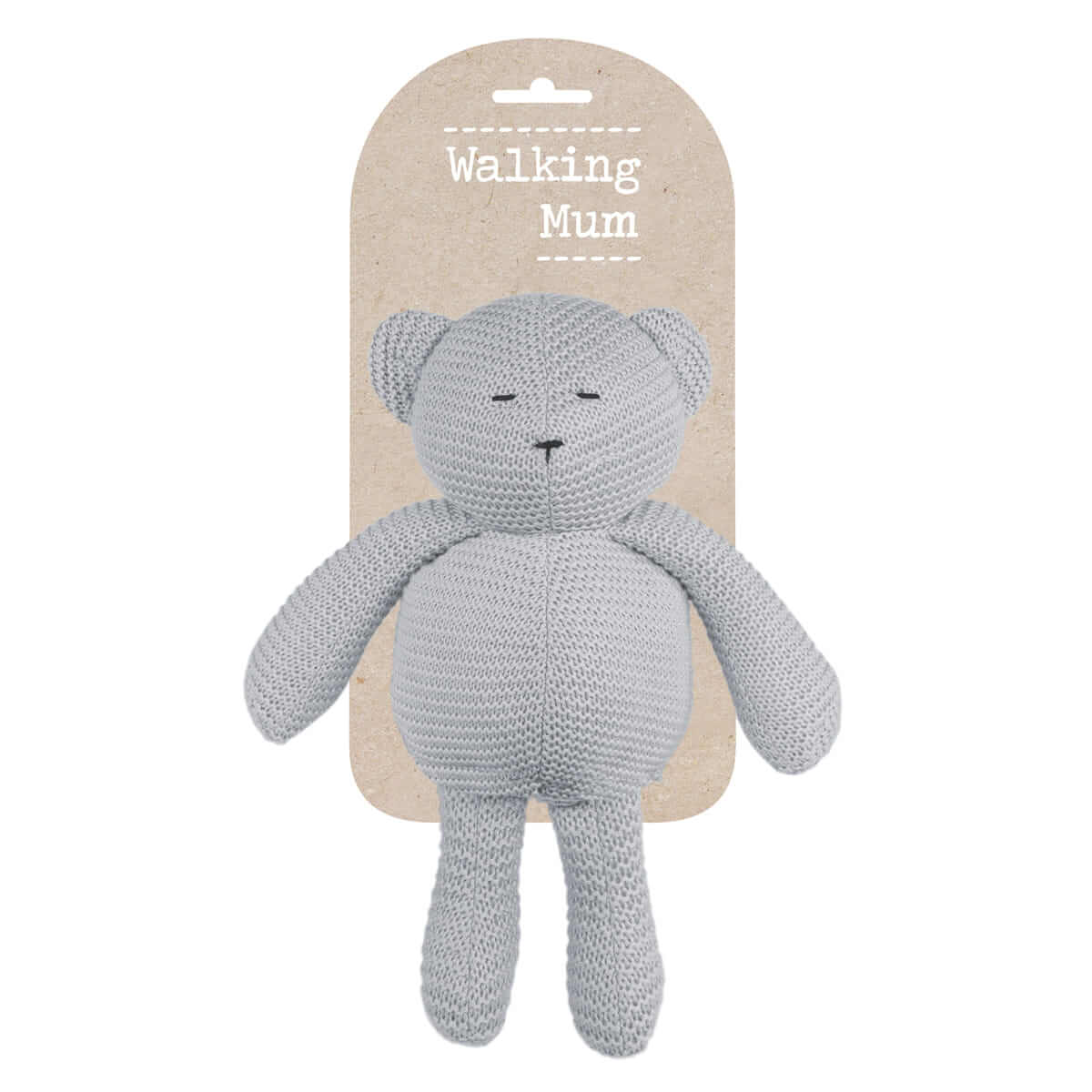 Urso de peluche cinzento tricotado com etiquetas 'Walking Mum'