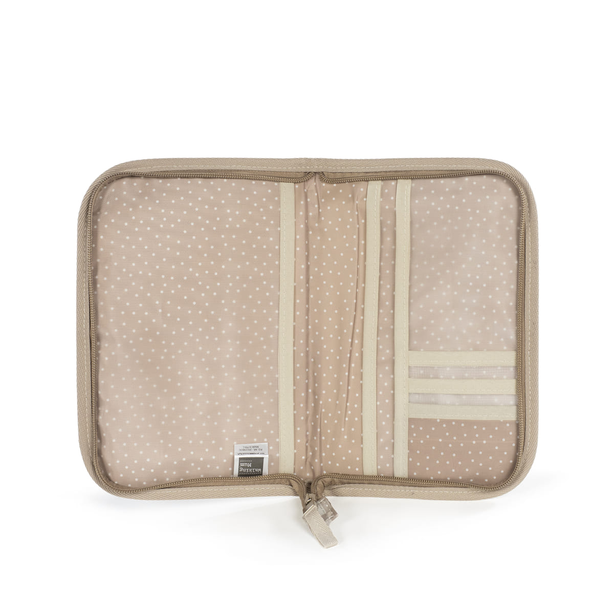 Organizador bege com pontos brancos aberto, mostrando vários compartimentos internos