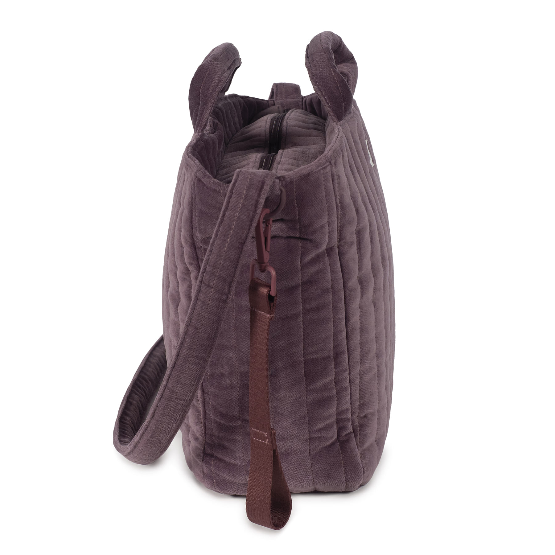 Mala roxa em veludo acolchoado com alça e fecho