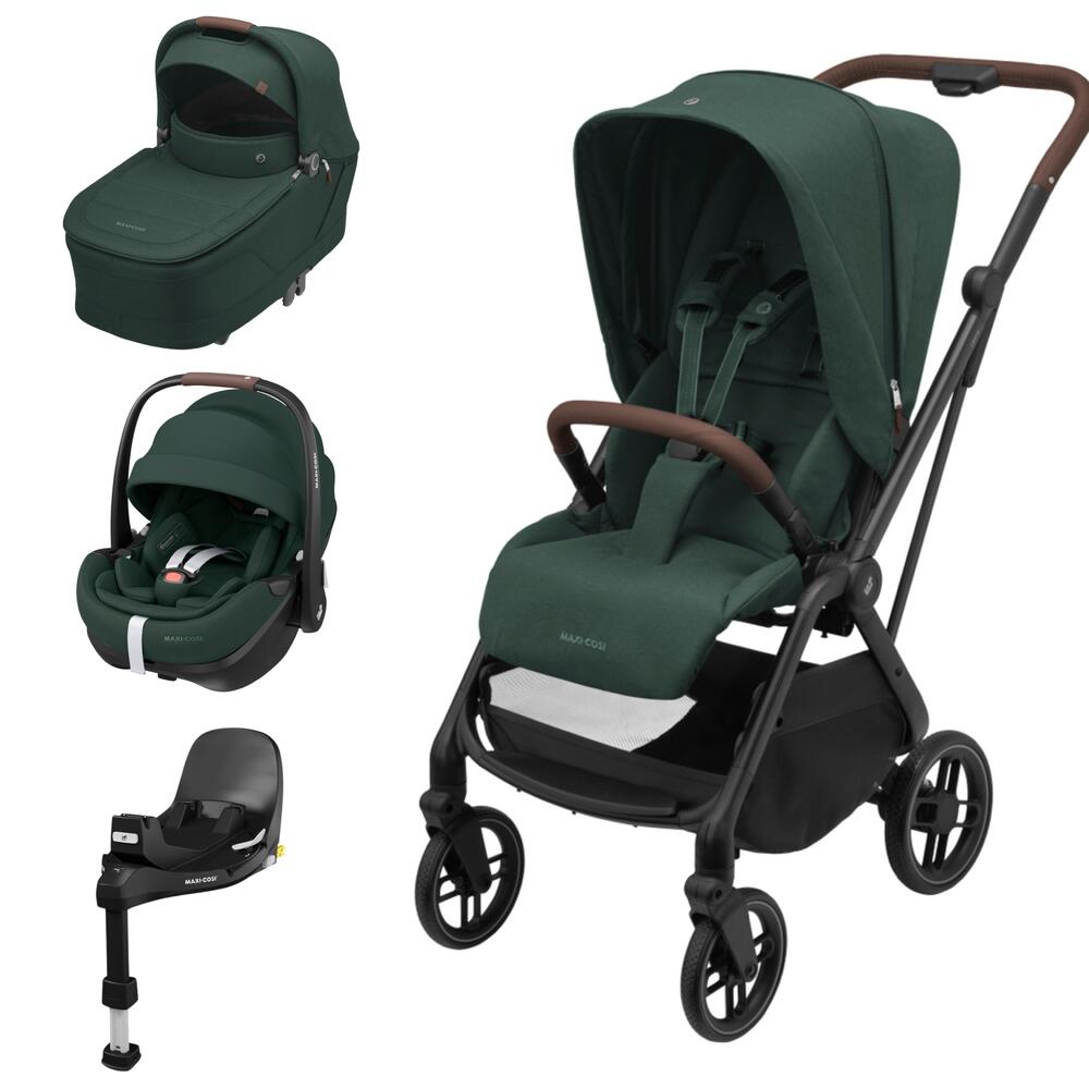 Conjunto de carrinho de bebé com alcofa, assento reclinável, cadeira auto e base, em verde escuro e estrutura preta