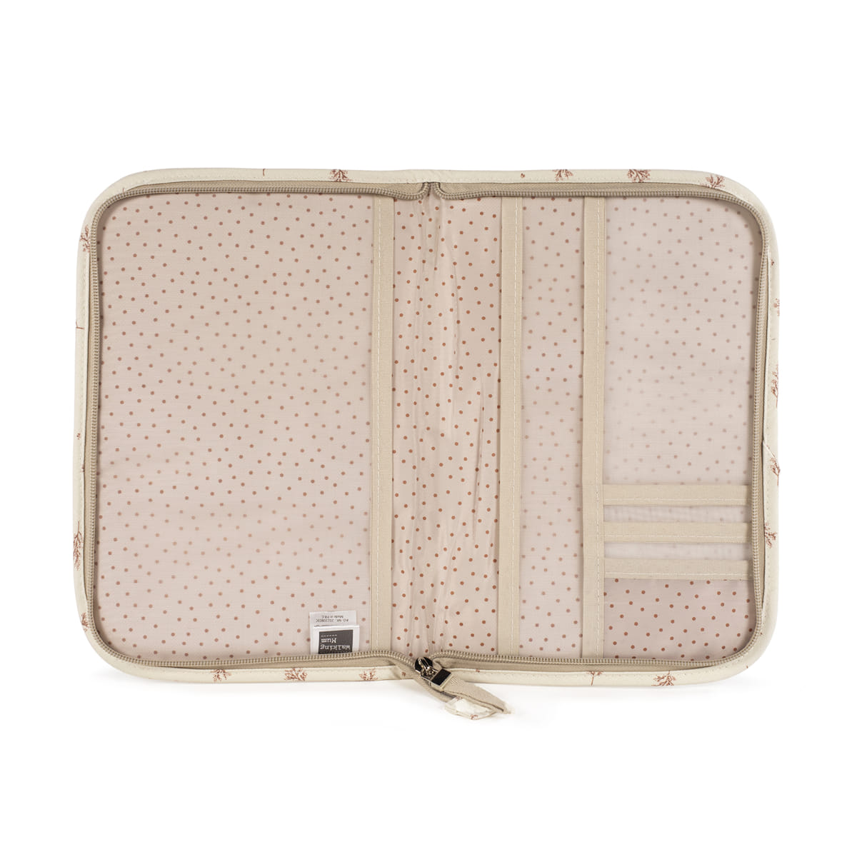 Estojo organizador tipo carteira bege claro com padrão de estrelas e fecho zip