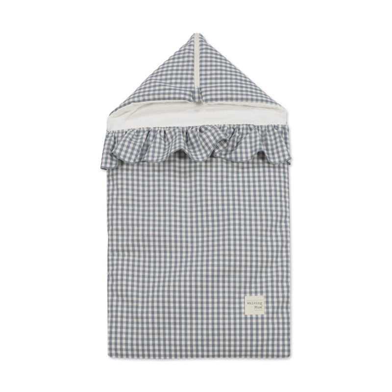 Saco de dormir para bebé azul e branco com capuz e folho