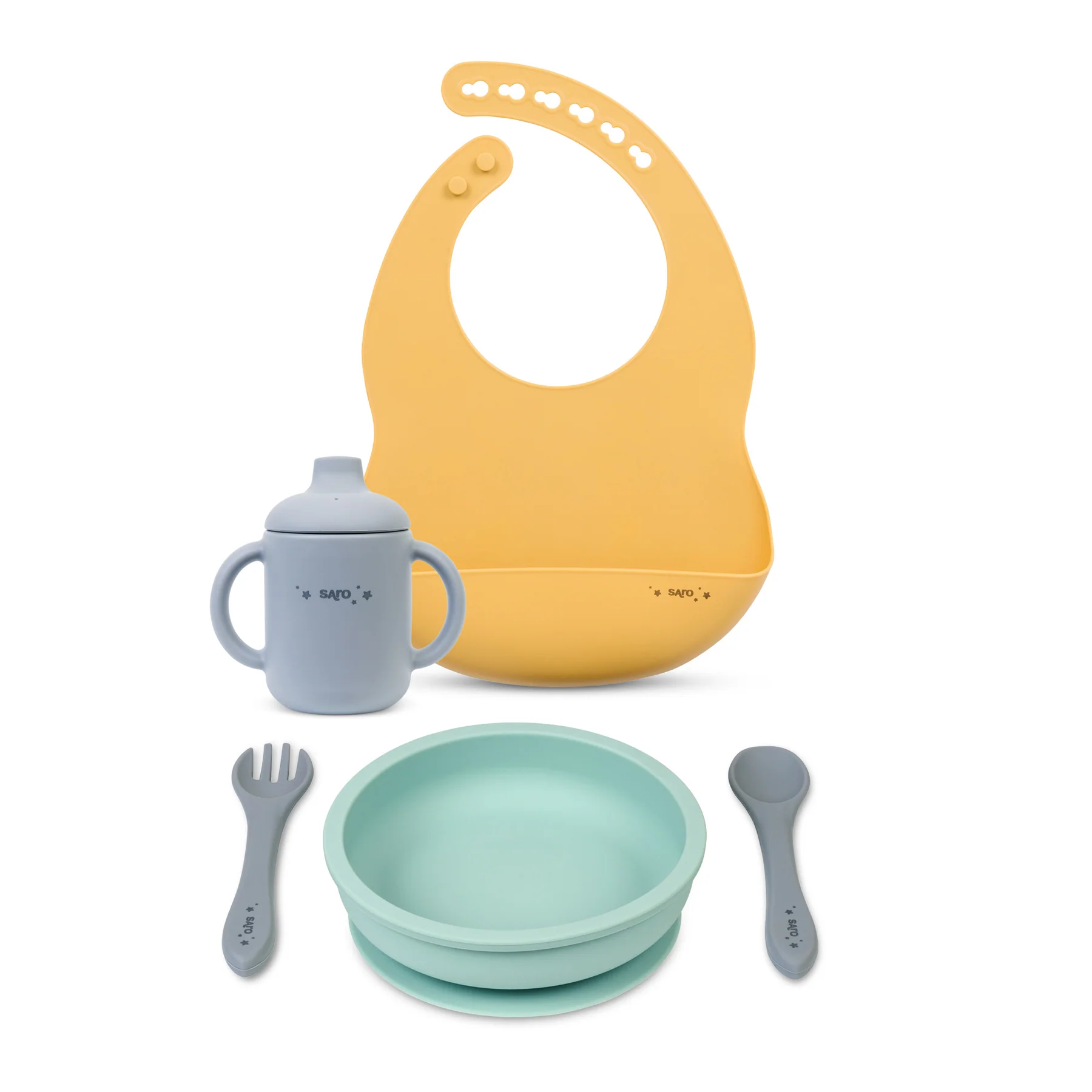 Conjunto de alimentação para bebé com babete amarelo, copo cinzento, prato verde-água, garfo e colher cinzentos