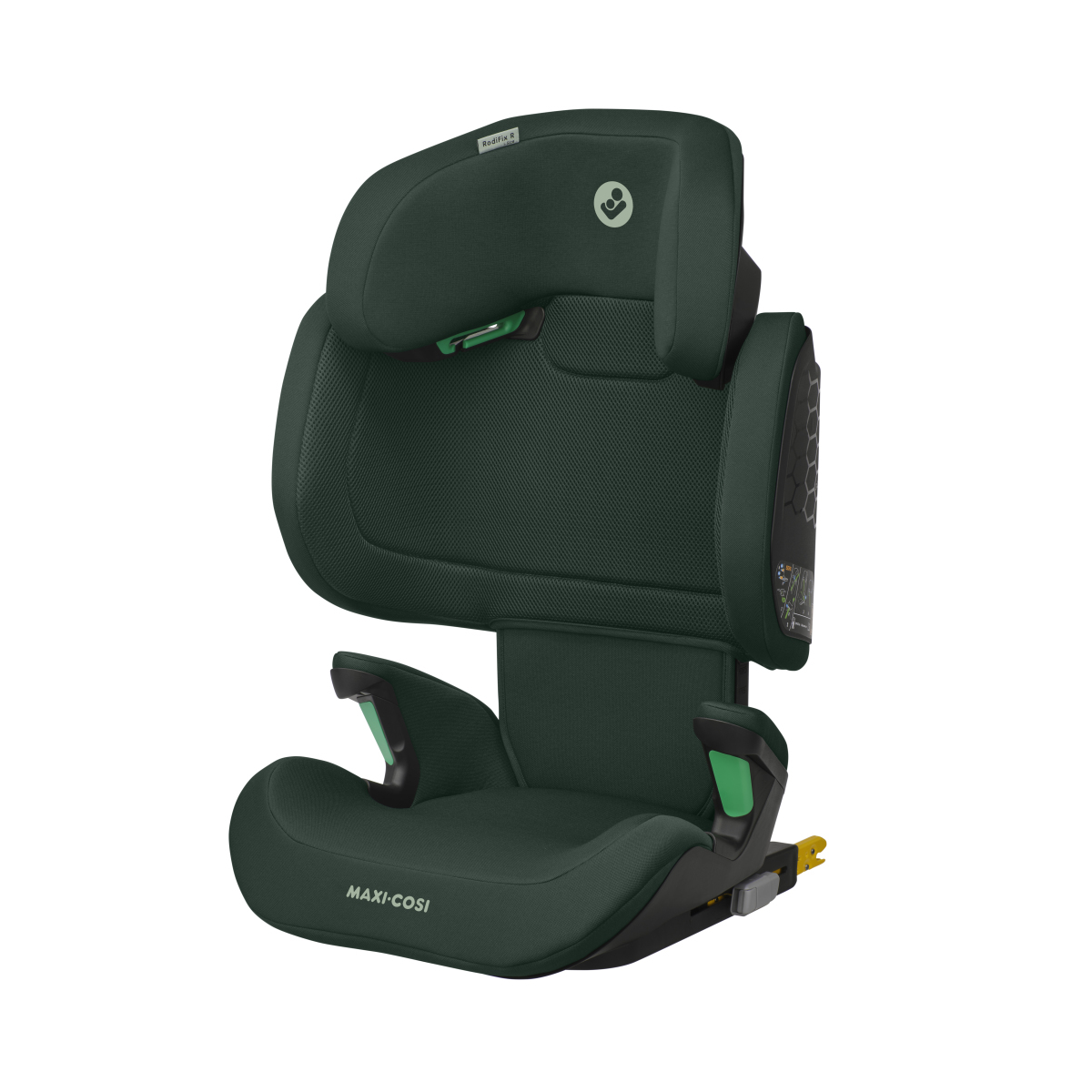 Cadeira auto Maxi-Cosi verde escuro com base preta e conectores ISOFIX amarelos