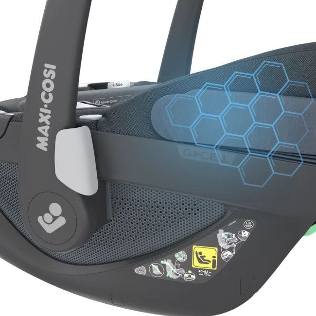Assento para criança Maxi-Cosi com alça preta e autocolantes de instruções