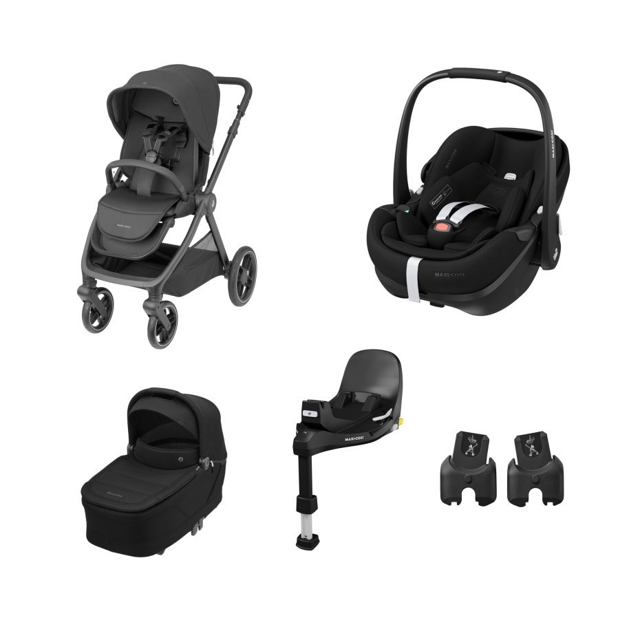 conjunto de carrinho, ovo, alcofa e base ISOFIX para bebé em preto