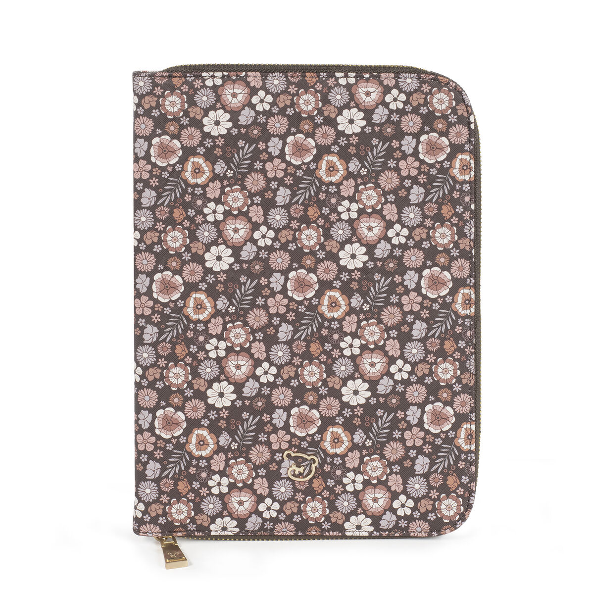 Estojo em tecido com padrão floral em tons castanho, branco e rosa