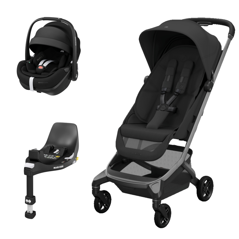 Trio de bebé preto Maxi-Cosi com carrinho, cadeira auto e base para carro