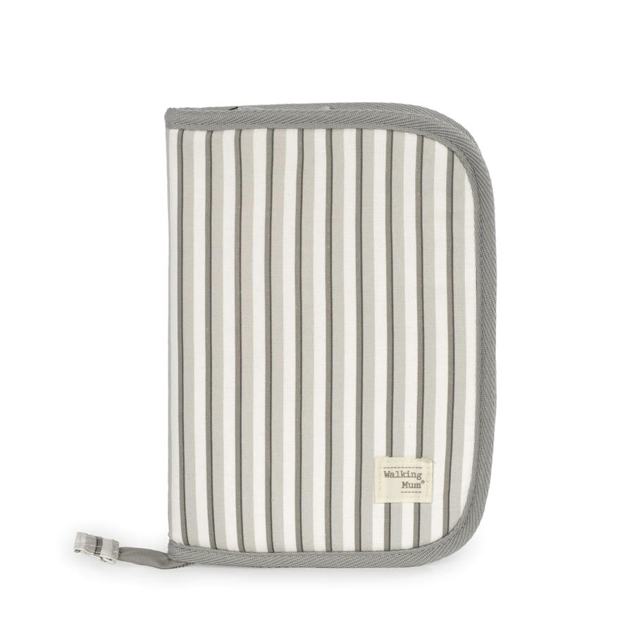Estojo riscas cinza e branco com bordas cinzentas e etiqueta Walking Mum