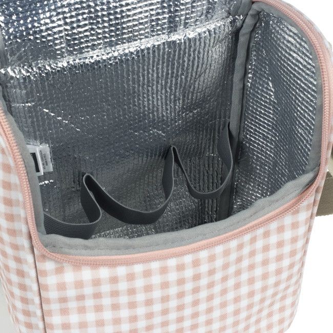 Bolsa térmica rosa e branca xadrez com interior isolante e elásticos pretos