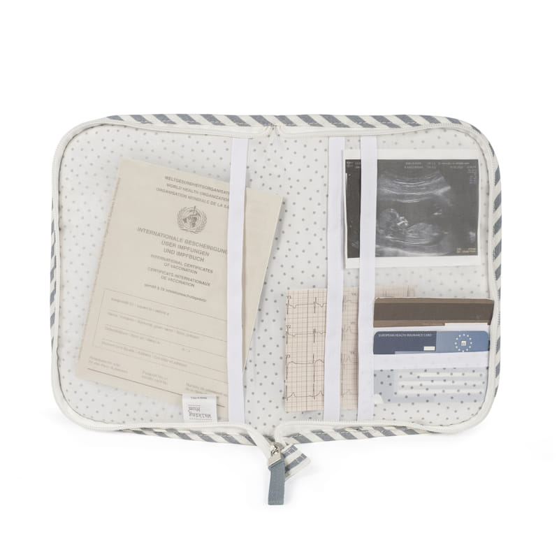 Organizador de documentos com padrão de pontos e riscas contendo documentos médicos e ecografia