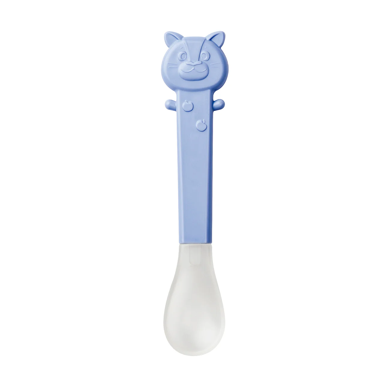 Colher infantil azul com cabeça de gato e colher branca
