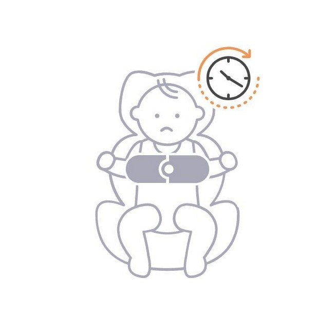 Ilustração minimalista de bebé sentado com faixa na cintura e ícone de relógio