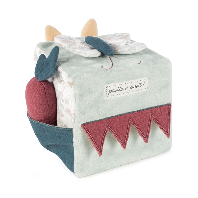 Cubinho de tecido macio para bebé com orelhas, dentes e etiqueta com texto