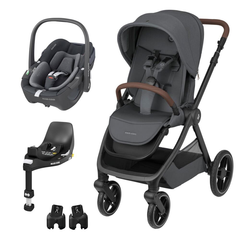 Carrinho de bebé cinza escuro com alcofa, base para automóvel e adaptadores pretos