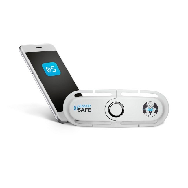 Dispositivo branco SENSOR SAFE com botão e telemóvel prateado com ícone azul S