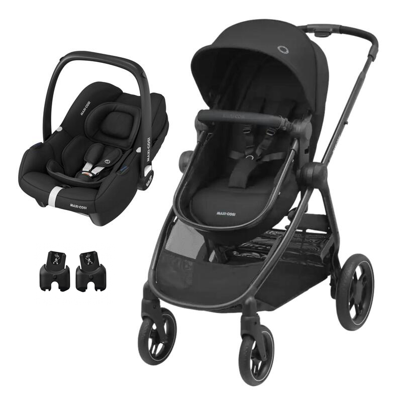 Carrinho de bebé preto com assento acolchoado e ovo auto para bebé preto