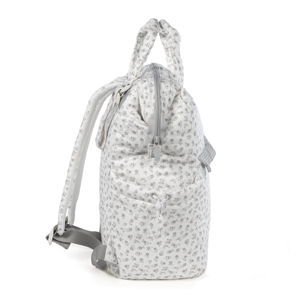 Mochila branca com padrão floral cinzento vista de lado