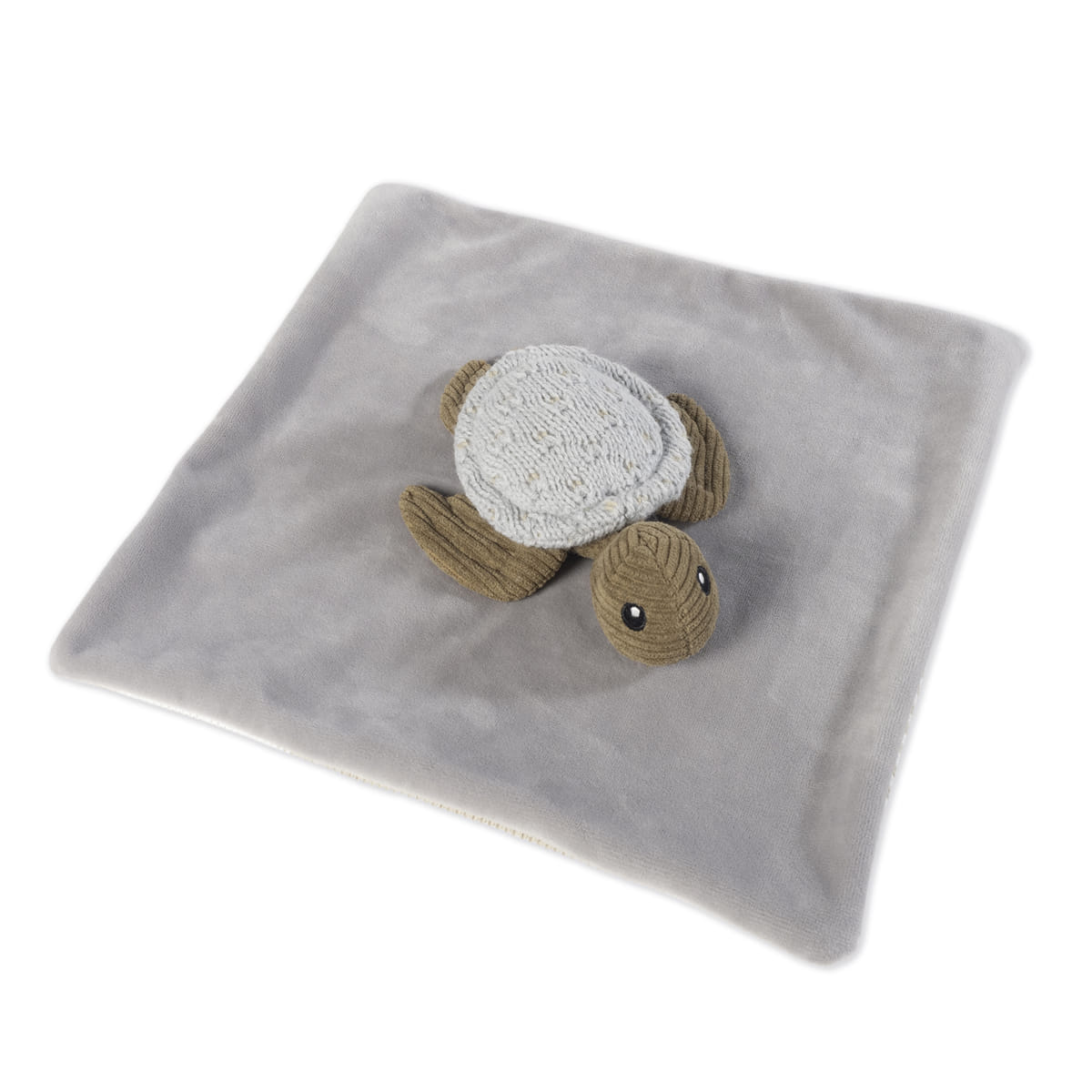 Manta cinzenta com tartaruga decorativa de tecido no centro