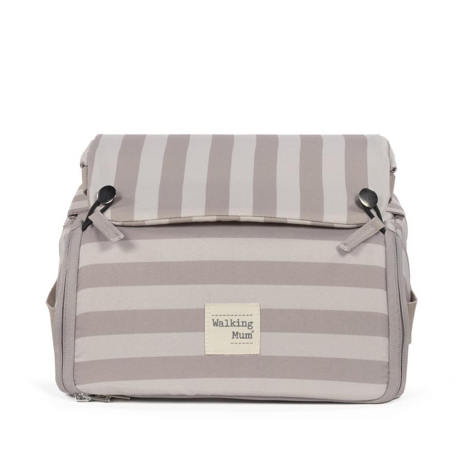 Mala cinza creme às riscas com etiqueta Walking Mum