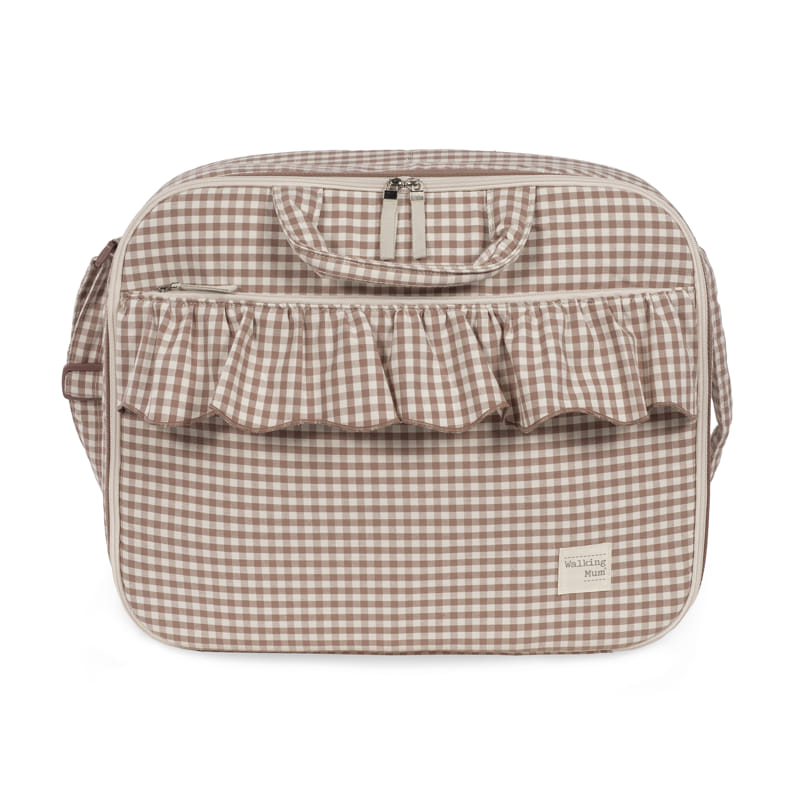 Mala maternidade xadrez castanho/bege com folhos e alças