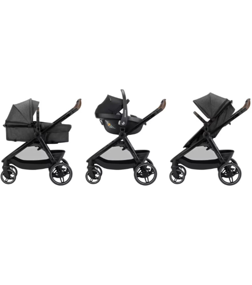 Carrinho de bebé modular preto em três configurações