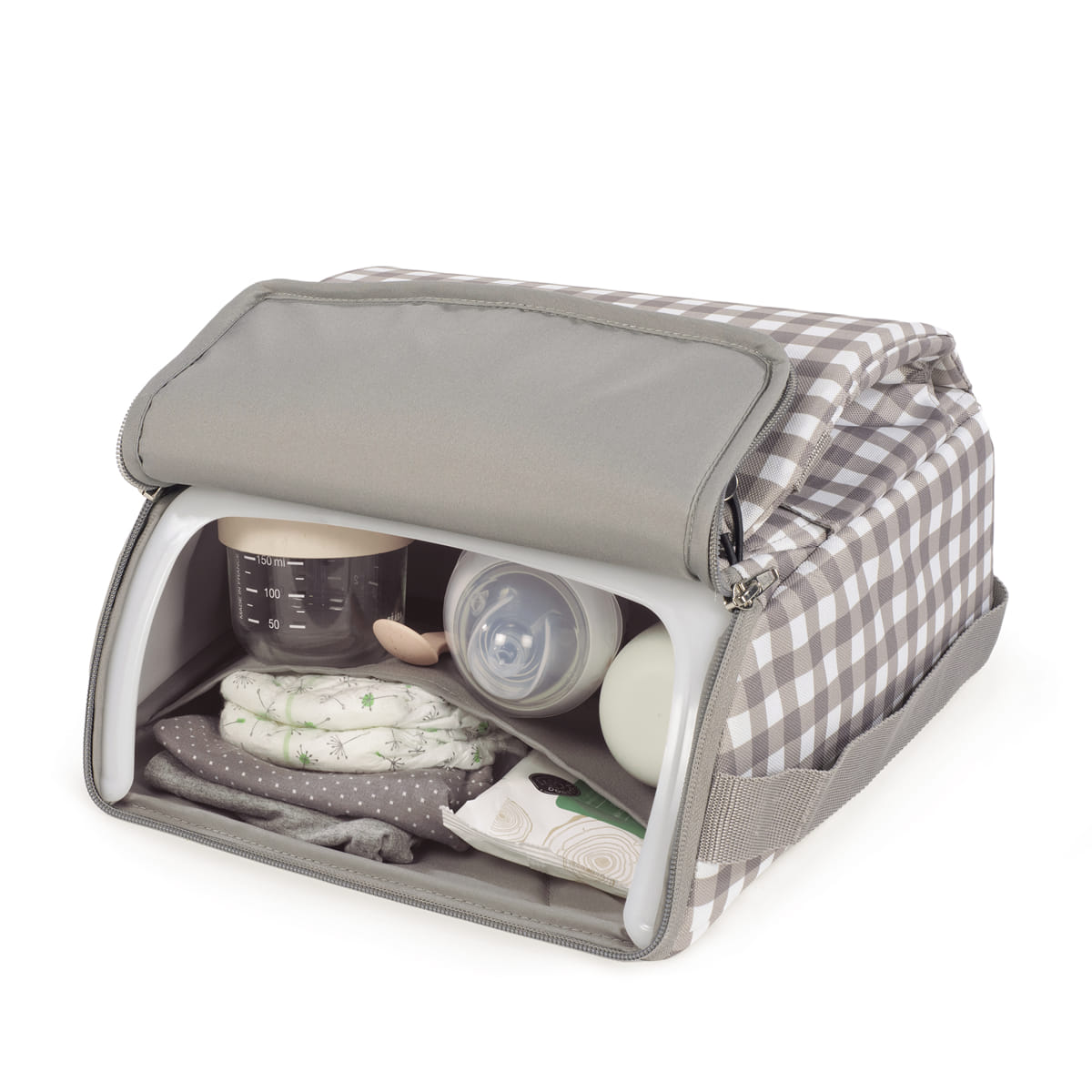 Bolsa térmica para bebé padrão xadrez cinza e branco com biberão, chupeta e fraldas dentro