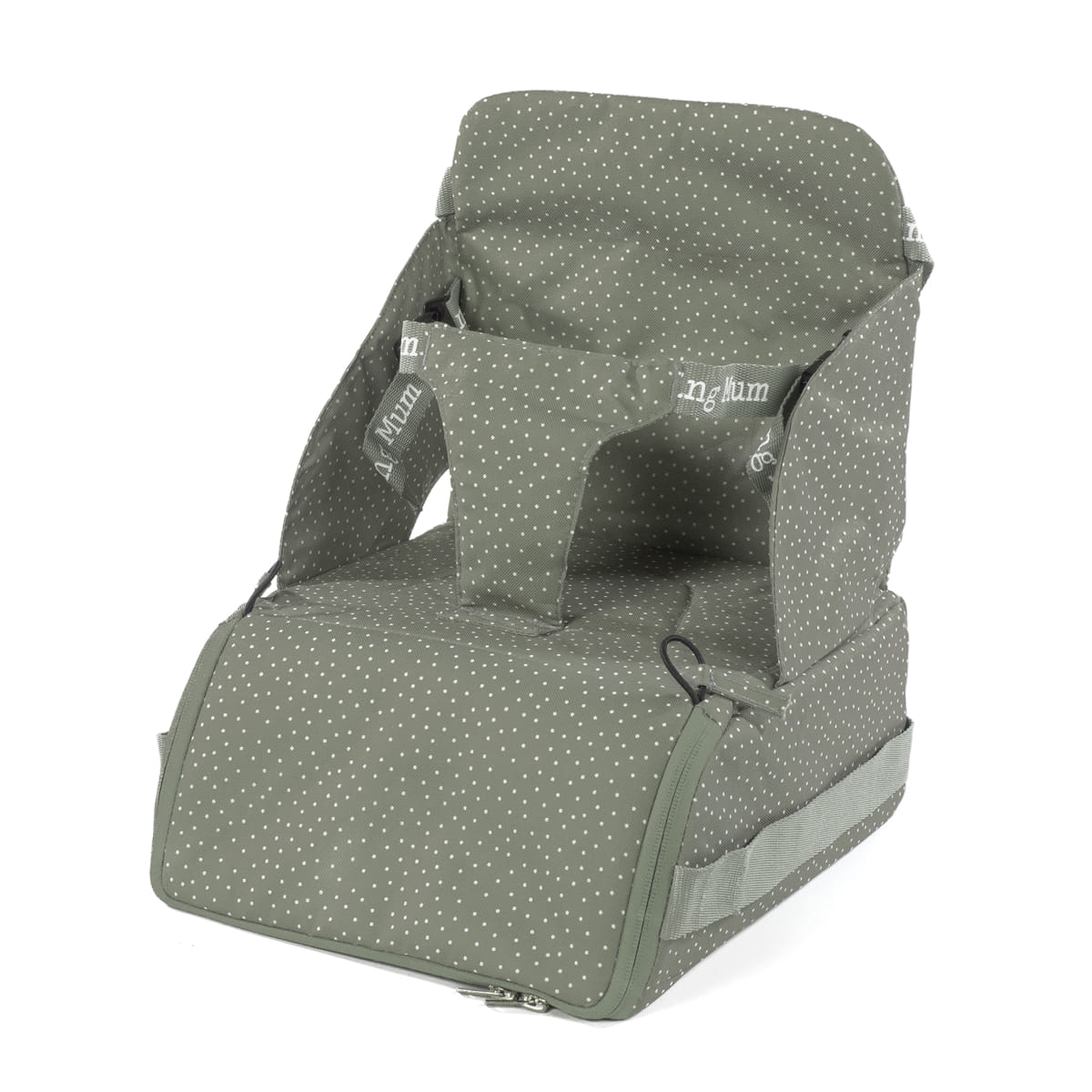 Assento infantil portátil verde com pontos brancos e suporte frontal