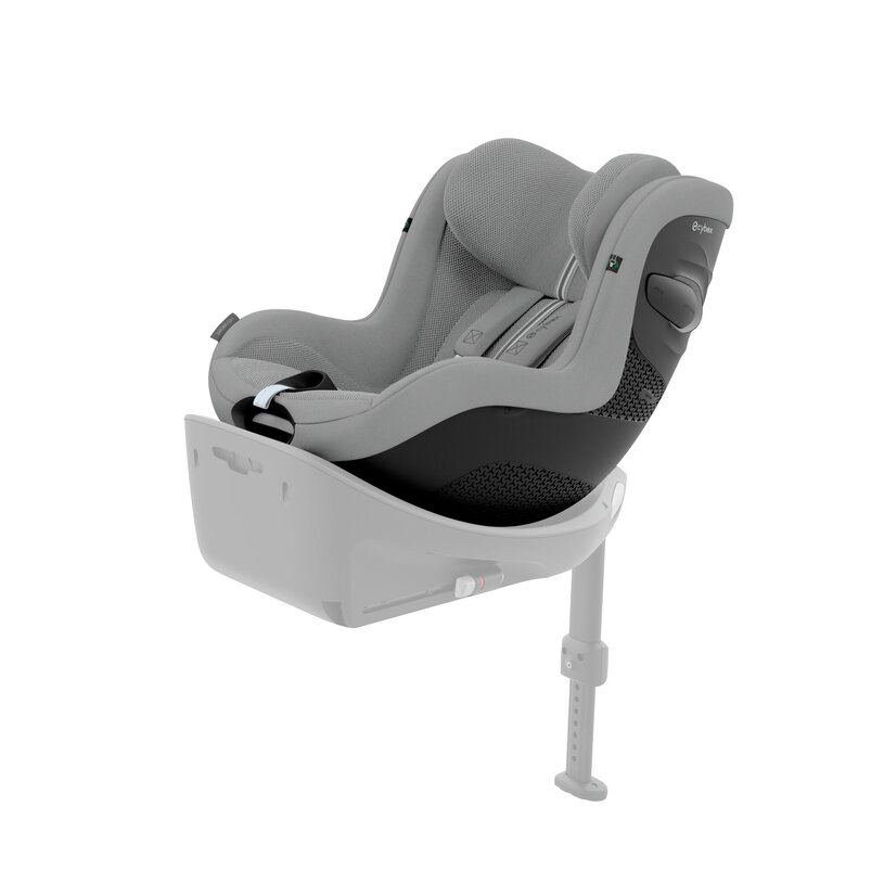 Cadeira de criança cinzenta para automóvel com suporte branco.