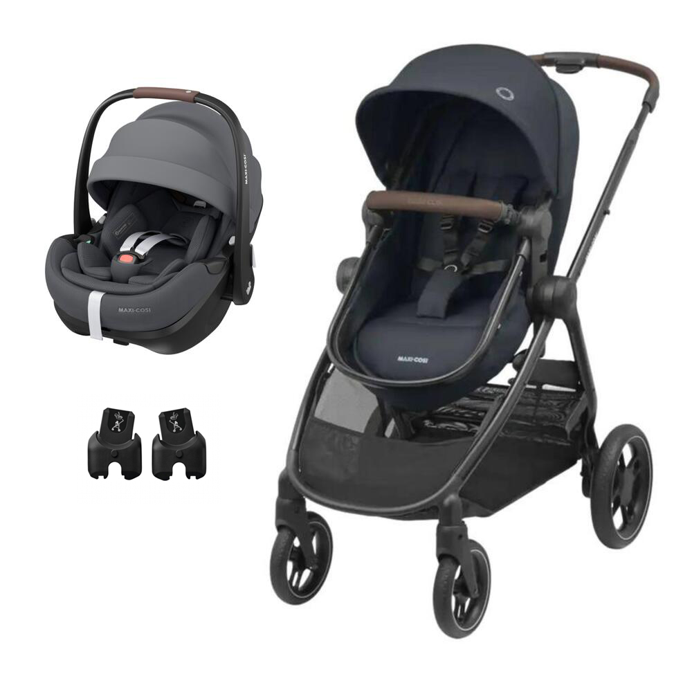 Carrinho de bebé azul escuro e cadeirinha auto cinzenta marca MAXI-COSI com adaptadores pretos