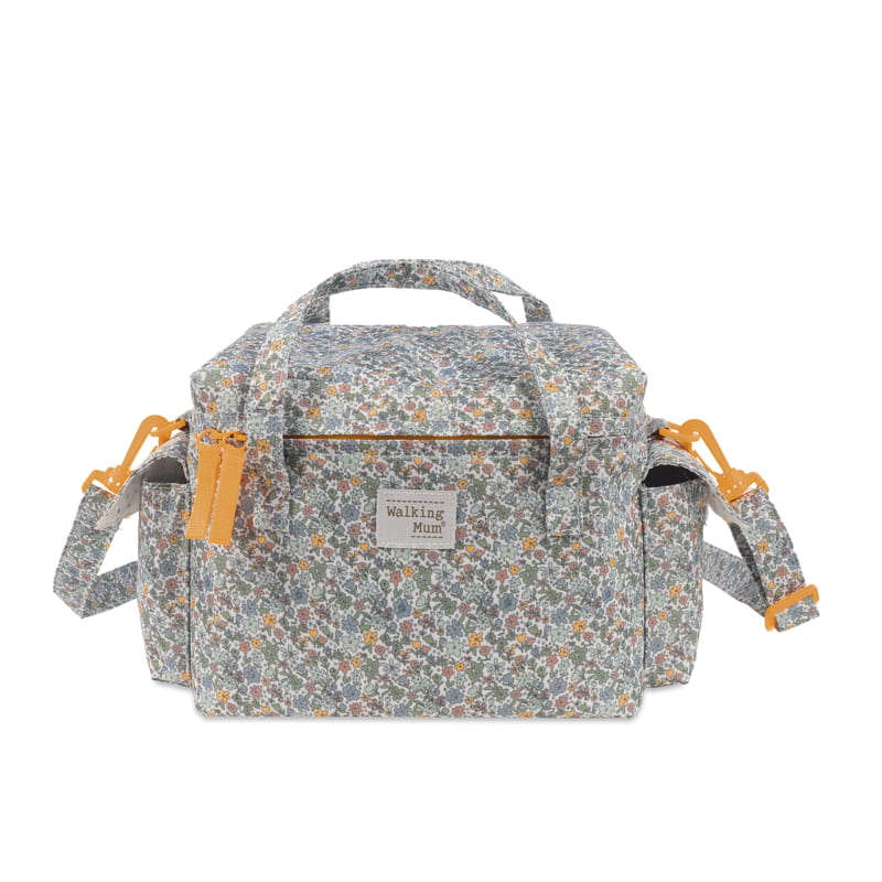Mala floral com etiqueta Walking Mum e alças amarelas