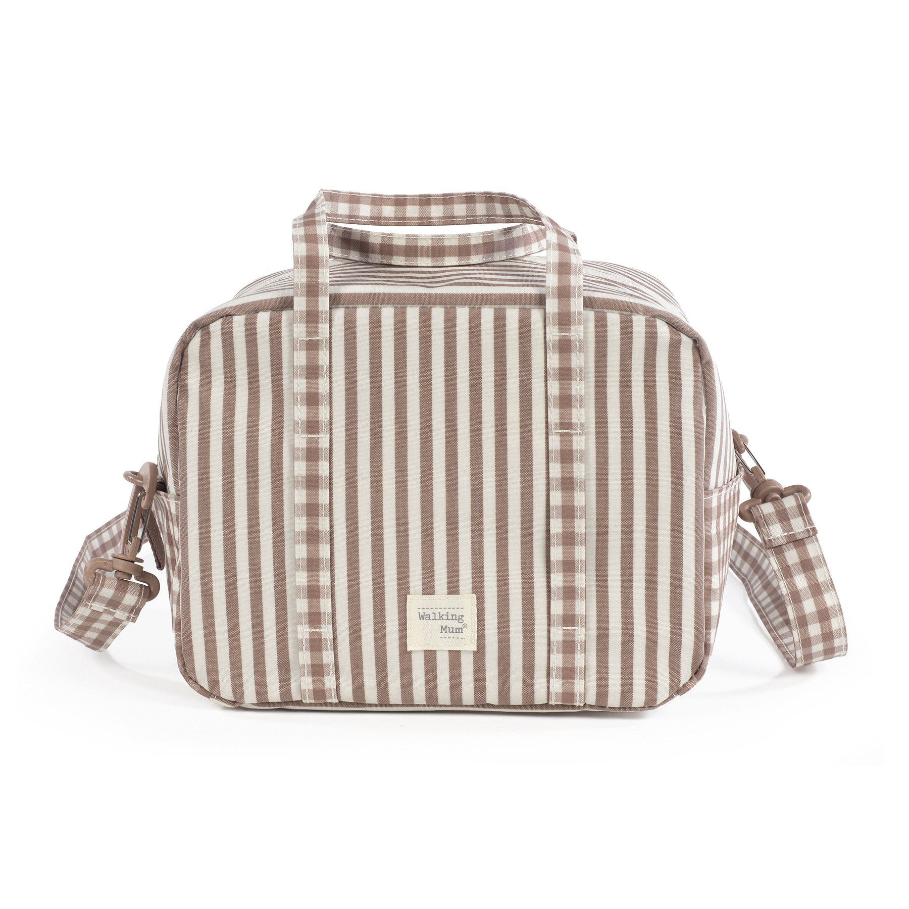 Mochila riscada castanho claro e branco com etiqueta Walking Mum