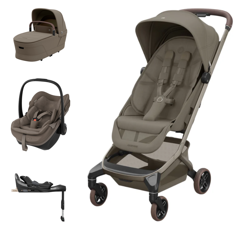 Conjunto de carrinho de bebé, alcofa, cadeira auto e base Isofix castanha