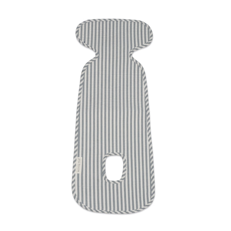 Almofada de carrinho de bebé listrada cinza e branco com recorte para cinto