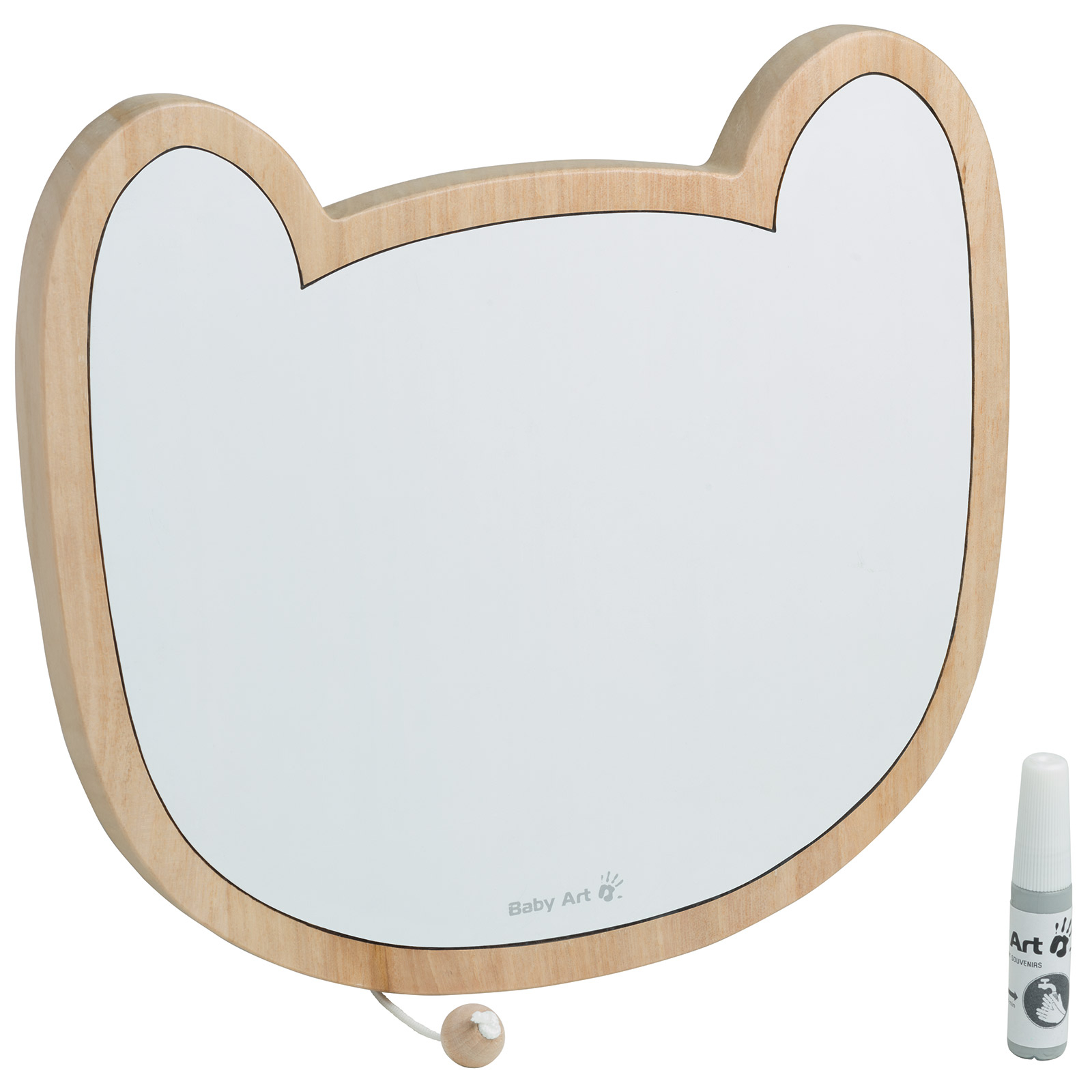 Espelho cabeça de urso com moldura de madeira clara e caneta branca