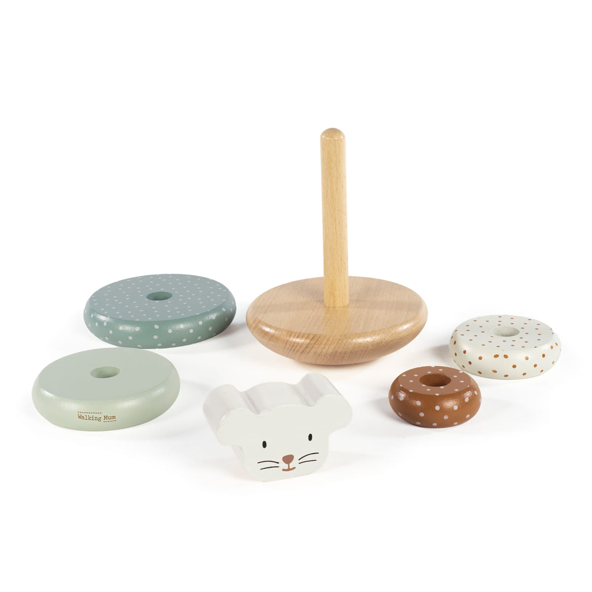 Brinquedo empilhável de madeira com várias peças coloridas e uma peça com desenho de rosto de animal