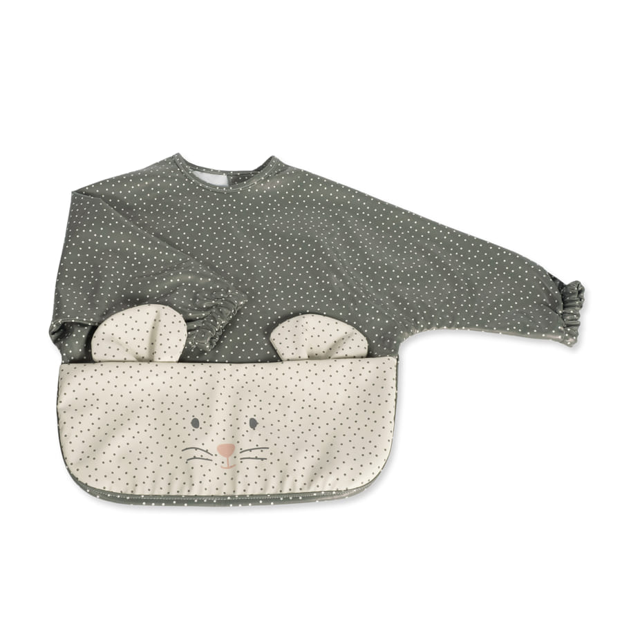 Babete infantil com mangas cinzento com padrão de pontos e rosto de coelho creme