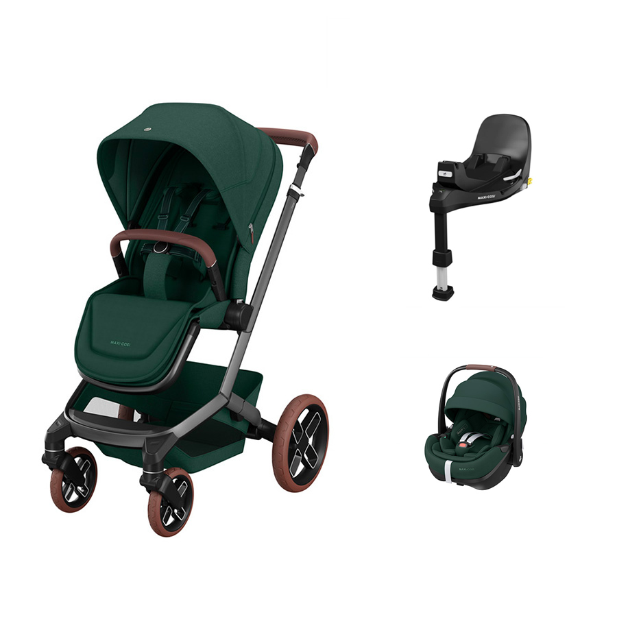 Carrinho de bebé verde escuro com acessórios